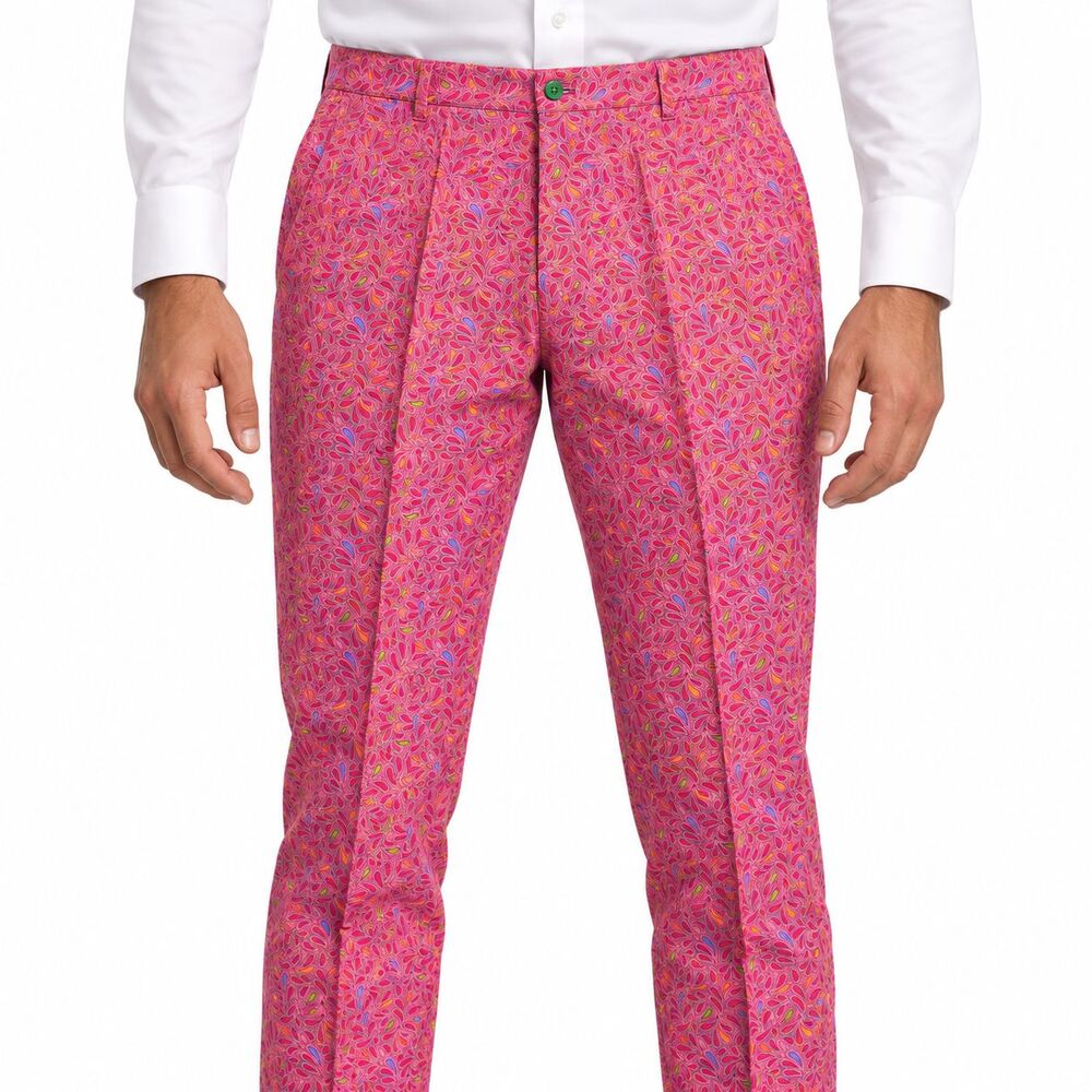 Mens 36 Pink Paisley Print Cotton Slim Fit Flat Front Dress Pants Trousers NWT